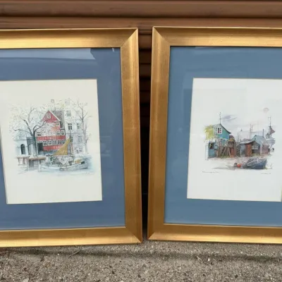 Framed Watercolor Art Prints: Pair of Architectural and Maritime Nautical Scene Paintings