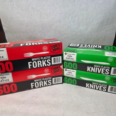 Huge Collection of New in Box Member's Mark 1200 Count of Plastic Forks and Knives