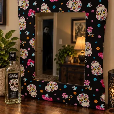 Empty Tequila Exotico Reposado Bottle w/ Large Skull Mirror