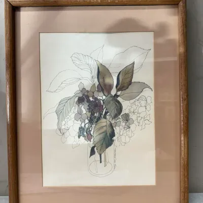 Signed Mary Lou Goertzen Botanical Watercolor and Ink Art Print Framed