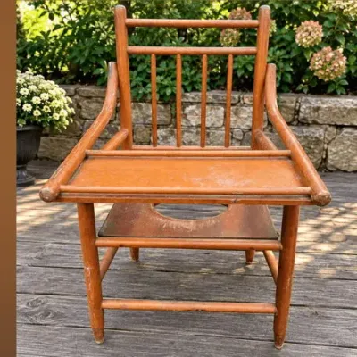 Antique Wooden Child's Potty Training Chair with Spindle Back, Arms & Lift-Up Seat - Potterville