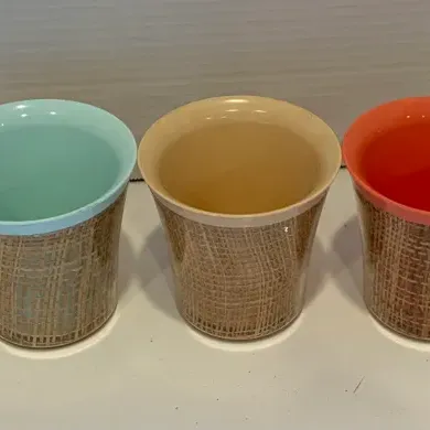 Sale Photo Thumbnail #49: Vintage Lot of 5 1960's Raffiaware Insulated Burlap Straw Tiki Plastic Coffee Mugs