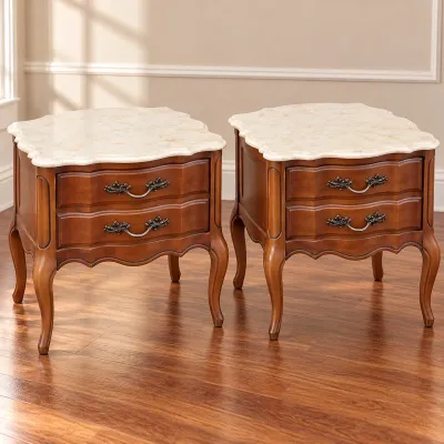 Pair Vintage MCM Style End Tables with Drawers & Genuine Marble Tops - Potterville