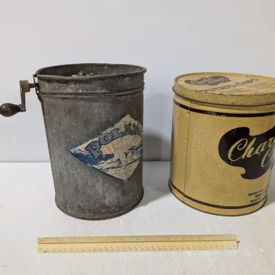 Vintage Polaris Metal 2QT. Hand Crank Ice Cream Maker With Charles Chips Tin, Refer To Photos - Estate Sales Warehouse (GR)