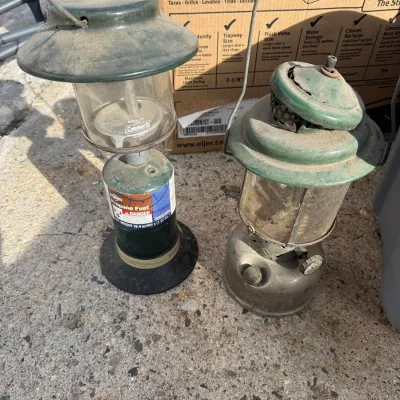 Vintage Coleman Green Lantern and Coleman Propane Lantern with Wenzel Fuel Cylinder