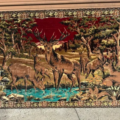 Vintage Woven Tapestry Wall Hanging: Wildlife Deer Scene with Ornate Floral Border