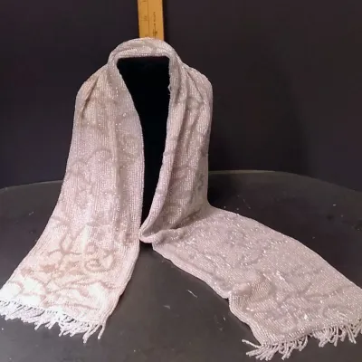 Ellen Tracy Pure Silk Fully Beaded Scarf. Neutral Taupe Accent. Elegant Evening Wrap. Excellent Cond - Potterville