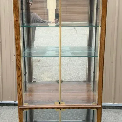 Oak Curio Cabinet: Large Glass Display Case with Etched Arch and Dual Section Shelving (2 of 2)