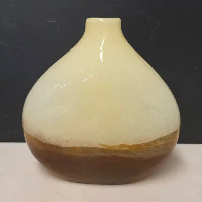 Art Glass Vase Cream and Amber Flattened Teardrop Form