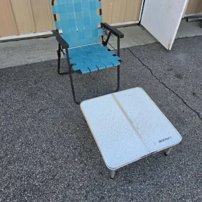 Folding Aluminum Camp Table and Blue Webbed Folding Lawn Chair Set