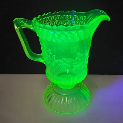 Vaseline Uranium Glass Footed Creamer Pitcher, EAPG Floral