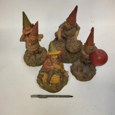 4 Tom Clark Gnomes: Hand-Painted Resin Corn, Apple and Nut Harvest Figurines