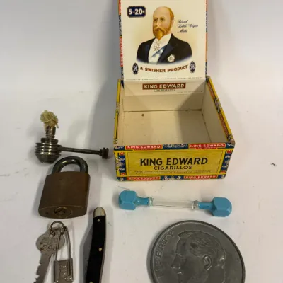 Vintage King Edward Cigarillo Box and Collectibles Lot: Roosevelt Dime Dish, Lock and Pocket Knife #9