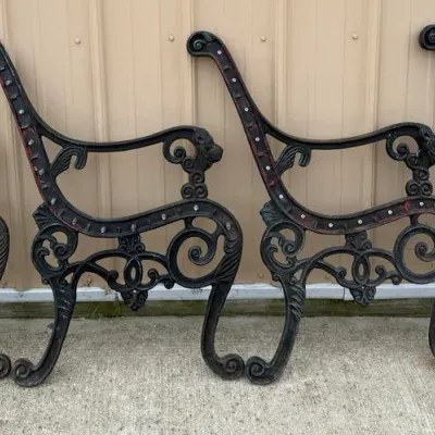 Vintage Cast Iron Garden Bench Ends: Set of Four Ornate Scroll and Lion Head Frame Sides