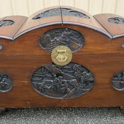 Vintage Hand-Carved Wooden Chest and Blanket Box with Dome Lid and Brass Hardware