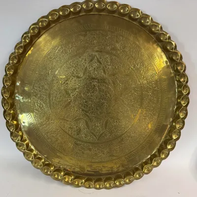 Vintage Large Etched Brass Serving Tray: Scalloped Rim and Floral Starburst Design