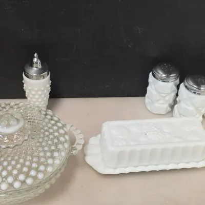 Vintage Milk Glass Butter Dish, Lidded Dish, and Salt and Pepper Shakers
