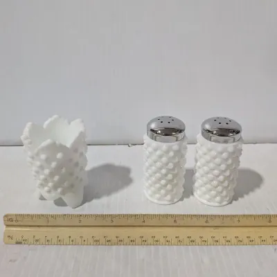 Fenton Vintage Hobnail Milk Glass Salt & Pepper Shaker Set & Matching Candlestick Holder - Estate Sales Warehouse (GR)