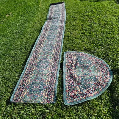 16 Ft Long Runner and 46"x31" Half-Moon Rug Set Floral Design Multicolor, USA Made