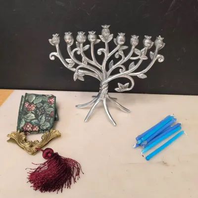 Lenox Judaic Blessings Metal Menorah (with candles and alter runner) In Box