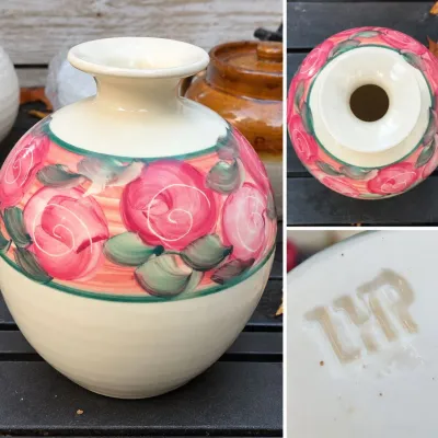 Linden Hills Pottery LHP Hand-Painted Pink Rose Floral Art Pottery Vase Signed - Potterville