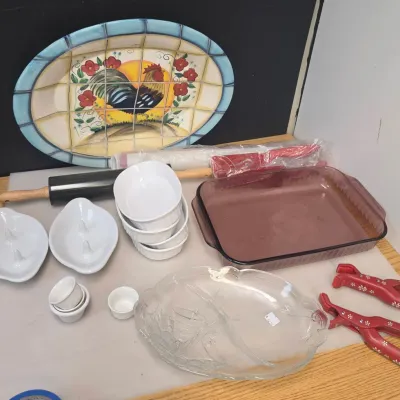 Cranberry Pyrex Dish, Ceramic Rooster Dish, and More