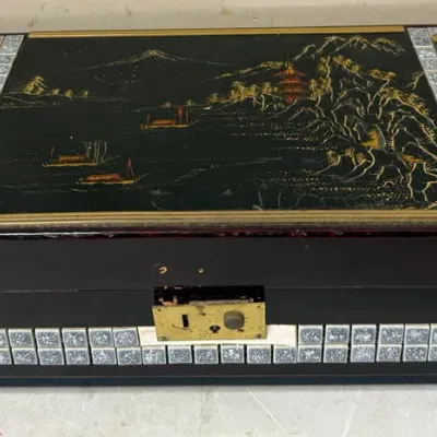 Vintage Japanese Black Lacquer Musical Jewelry Box with Ballerina and Inlaid Accent Tiles