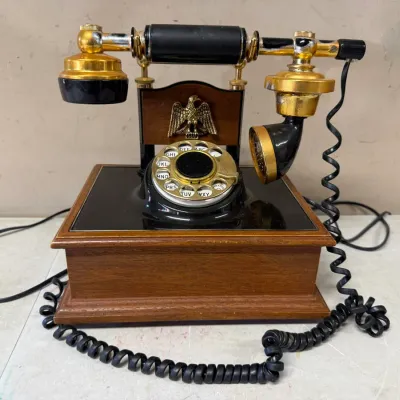 Vintage Western Electric Style Wood and Brass Cradle Rotary Desk Telephone