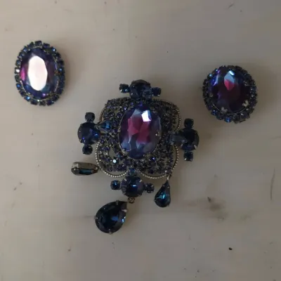 Vintage Blue Rhinestone Brooch and Clip on Earring Set