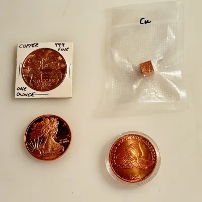 3 One Ounce .999 Fine Copper Coins with Solid Copper Cube