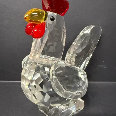 Lenox Faceted Crystal Rooster Figurine: Art Glass Farmhouse Decor with Red and Amber Accents