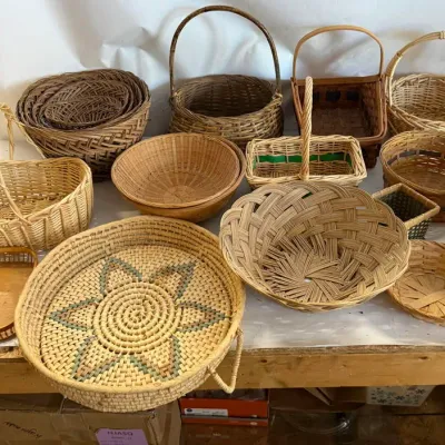 Vintage Wicker and Splint Basket Assortment: Decorative Storage and Gathering Baskets Lot