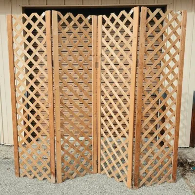 Vintage Four-Panel Folding Wood Lattice Room Divider & Decorative Screen