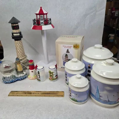 Small Collection of Vintage Lighthouse Themed Kitchenware and Decorations