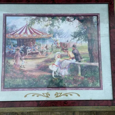 Framed Victorian Carousel Park Scene Print