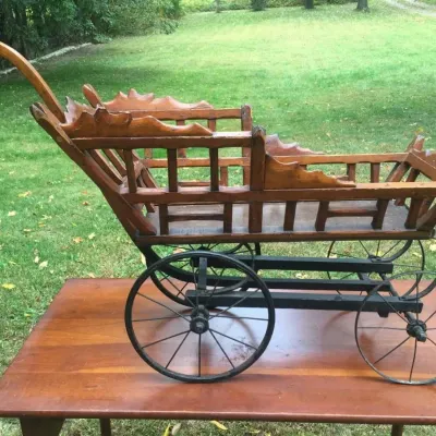 Antique Carved Hardwood Baby Doll CARRIAGE Buggy Metal Wheels