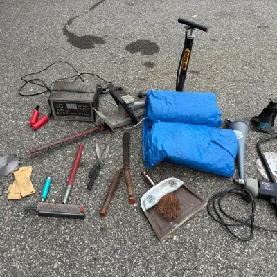 Assorted Workshop Tools and Equipment Lot: Power Tools, Tarps, Battery Charger and Accessories