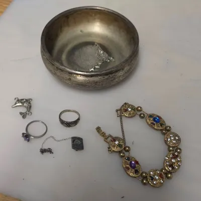 Vintage Costume Jewelry in Silverplated Bowl
