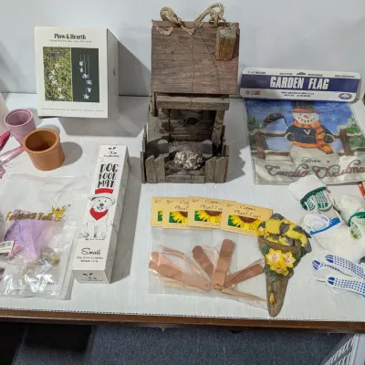 Outdoor Decor & Pet Decor & Supplies Lot: Wooden Cabin Birdhouse, Mobile, Plant Pots, & More - Estate Sales Warehouse (GR)