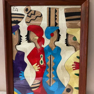 Framed Vintage Thread Silk Embroidery Art Piece from Africa Depicting Women