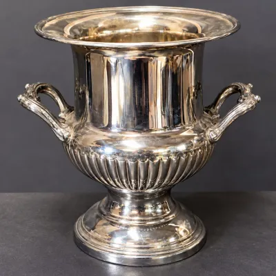 Elegant Silverplate Champagne & Wine Cooler Ornate Twin Handles, Fluted Pedestal - Potterville