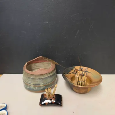 Signed Studio Pottery Grouping: Ikebana Bowl, Vessel, Flower Frog
