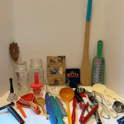 Sale Photo Thumbnail #27: Kitchen Drawer Clean Out Odds & Ends - Mr. Peanut Jars - Bees Wax - Vintage Measuring Tools