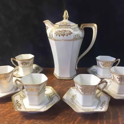 Vintage Noritake Teapot Chocolate Pot Set 6 Cups Saucers Gold Encrusted Flowers