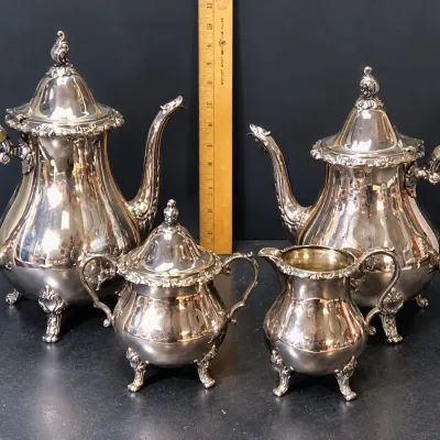Ornate Silverplate 4 Piece Tea and Coffee Service with Footed Pots, Sugar and Creamer - Potterville