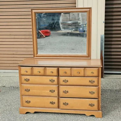 Eight-Drawer Double Dresser with Framed Mirror & Brass-Tone Hardware