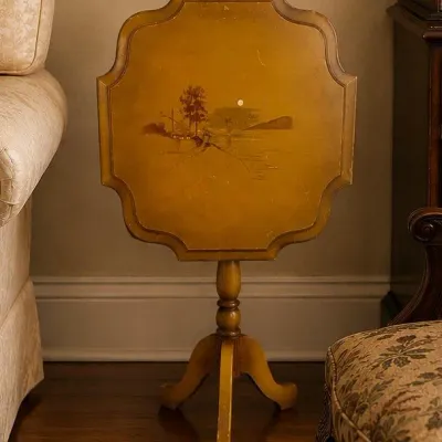 Vtg 21" Brandt Cabinet Works Flip Tilt Top Scatter Table Stenciled Hagerstown MA
