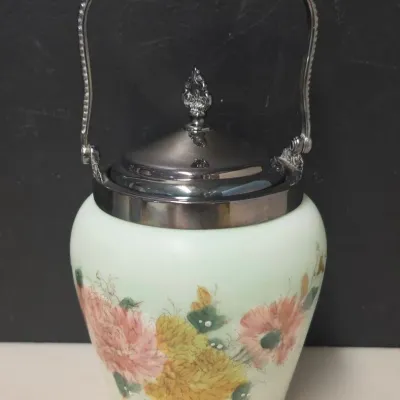 Victorian Hand-Painted Satin Glass Biscuit Jar, Silverplate Lid