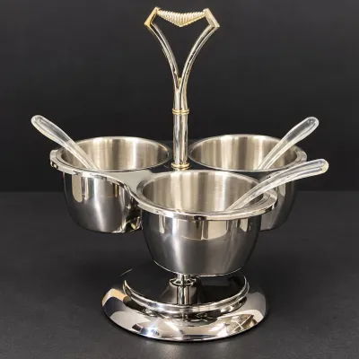Vintage Chrome 3-Bowl Condiment Server with Elegant Carry Handle & 3 Serving Spoons - Potterville