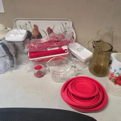Variety of Pitchers, Platter, and Household Kitchen Items - New OXO Cups